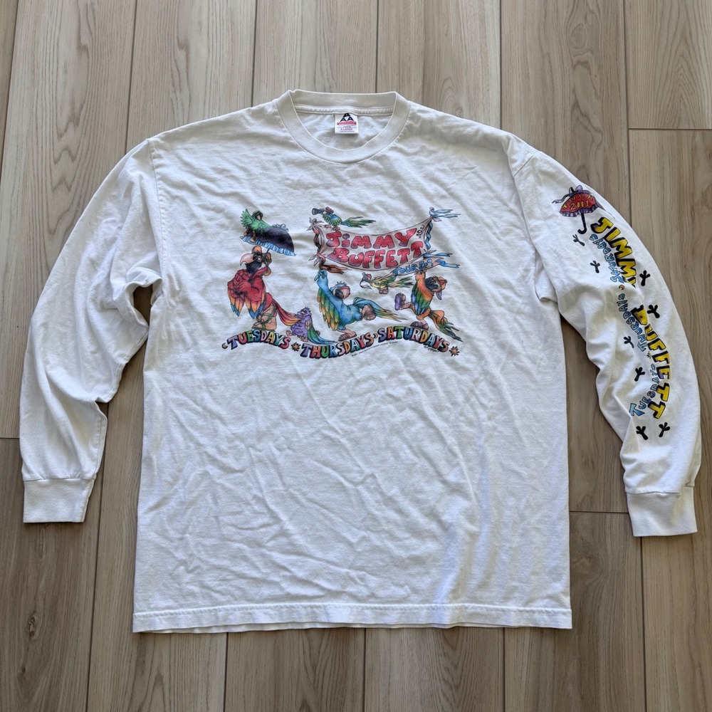 2001 Vintage Jimmy Buffett Tour Shirt Mens XL White Long Sleeve Parrot Graphic